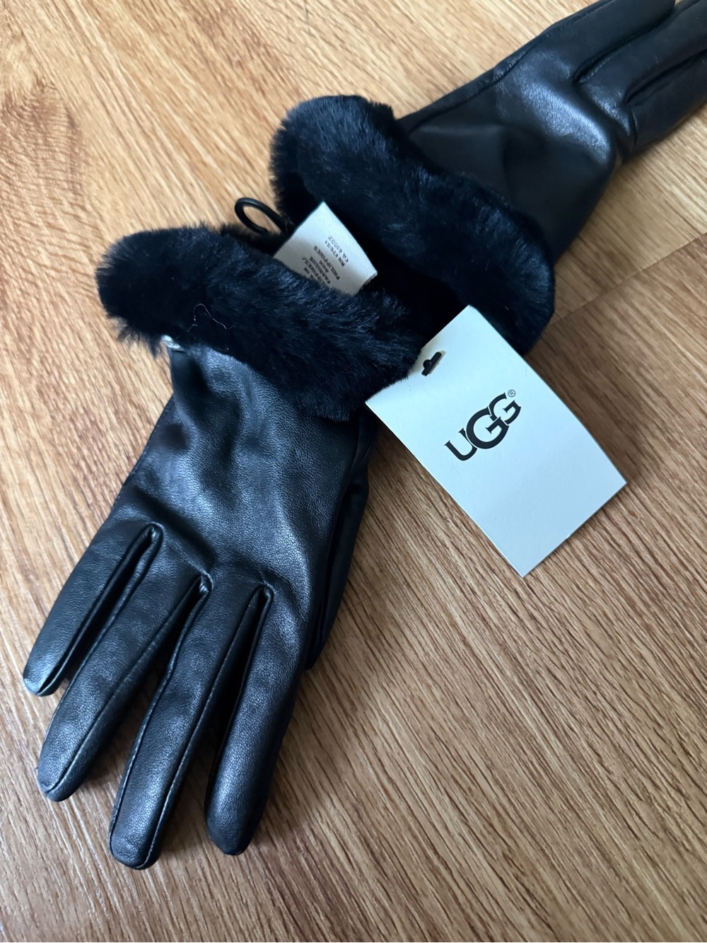 UGG Black Leather Gloves with Fur Cuff